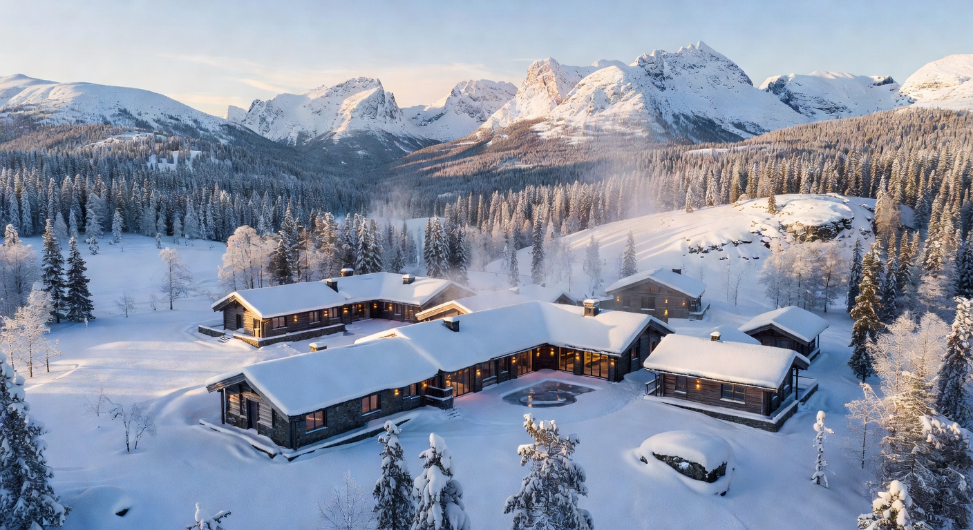 Aerial view of the resort nestled in the snowy Finnish mountains