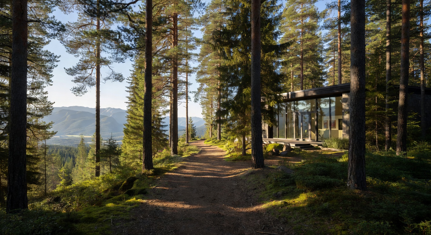 Peaceful nature walk path surrounded by tall pines