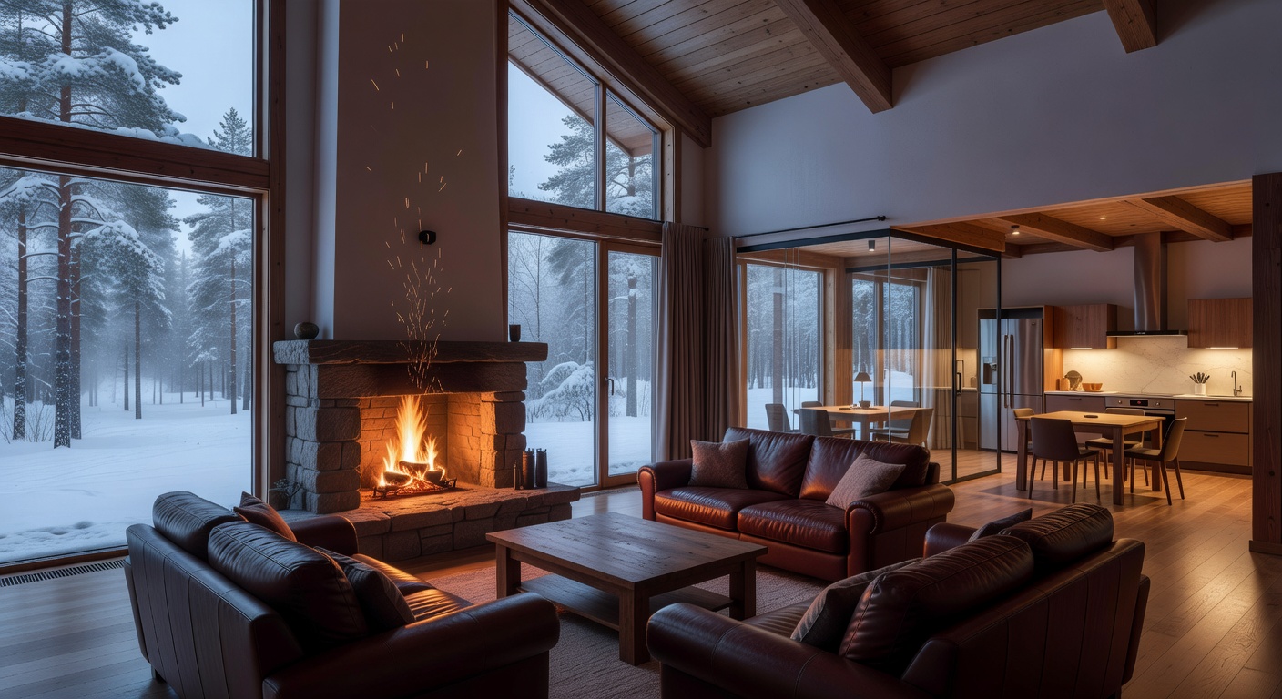 Spacious Family Lodge living area with fireplace