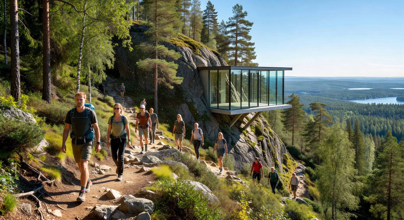 Guests hiking a scenic mountain trail in summer