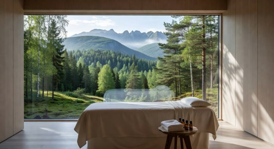 Calm massage therapy room with forest view