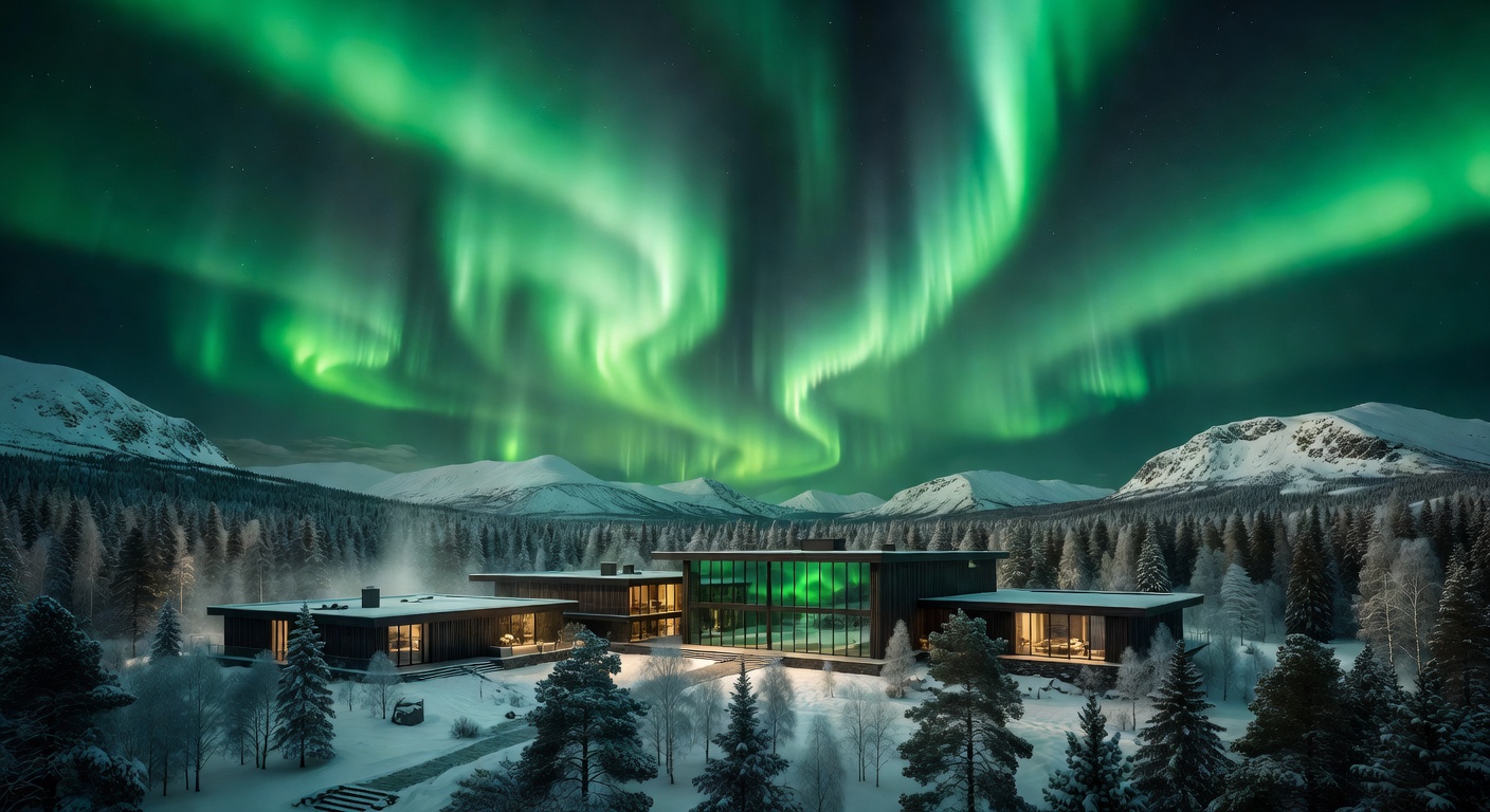 Vivid green Northern Lights dancing over the resort