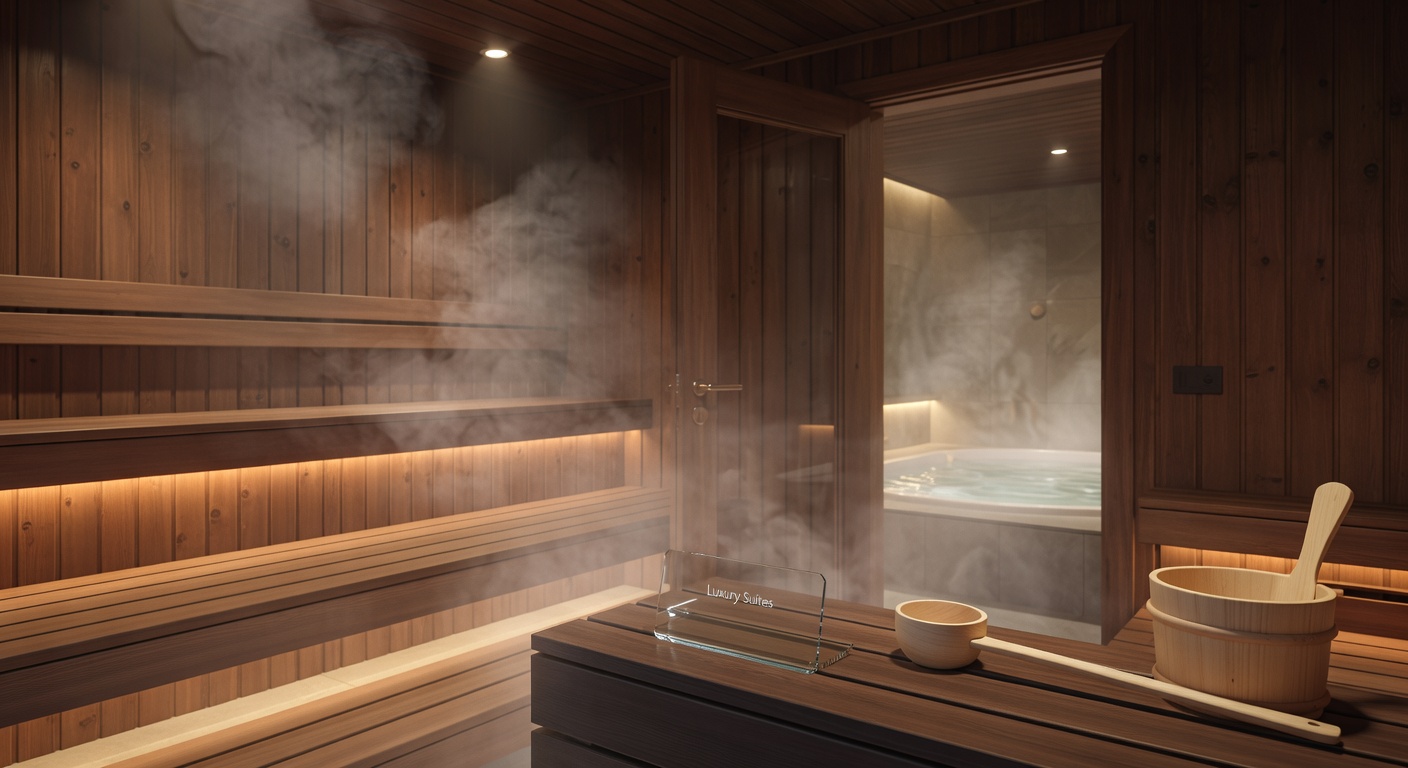 Cozy wooden sauna interior with steam