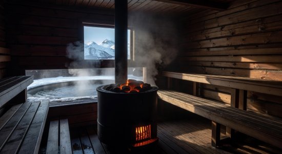 Interior of traditional wood-fired Finnish sauna